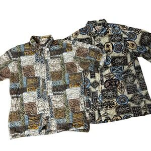 2 Vintage 90's Go Barefoot Hawaiian Shirts Aztec Tropical Print Large USA‎ Made